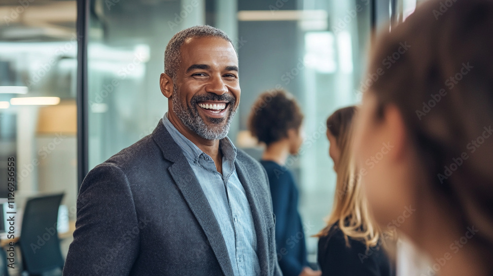 Professional Smiling Man in Business Attire Engaging with Colleagues in Modern Office Environment with Glass Walls and Natural Light Professional Smiling Man in Business Attire Engaging with Colleagues in Modern Office Environment with Glass Walls and Natural Light