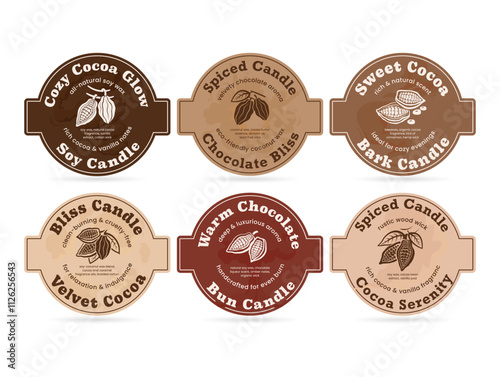 Six different cocoa candle labels showcasing unique scents for a cozy atmosphere