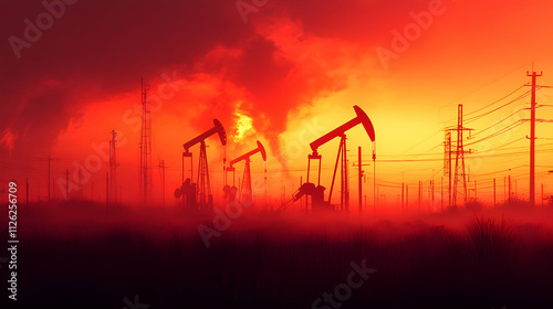 A dramatic sunset over an oil field, featuring silhouetted pump jacks and power lines, highlighting the industrial landscape and environmental impact of oil extraction.