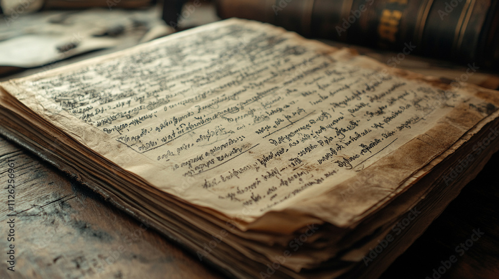 Obraz premium Vintage handwritten manuscript on aged paper, showcasing intricate calligraphy and historical documents spread across a rustic wooden table setting