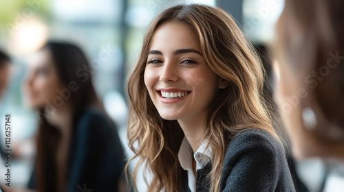 Smiling Young Woman with Long Wavy Hair in a Modern Café Setting Engaging in Conversation with Friends and Enjoying a Light Moment