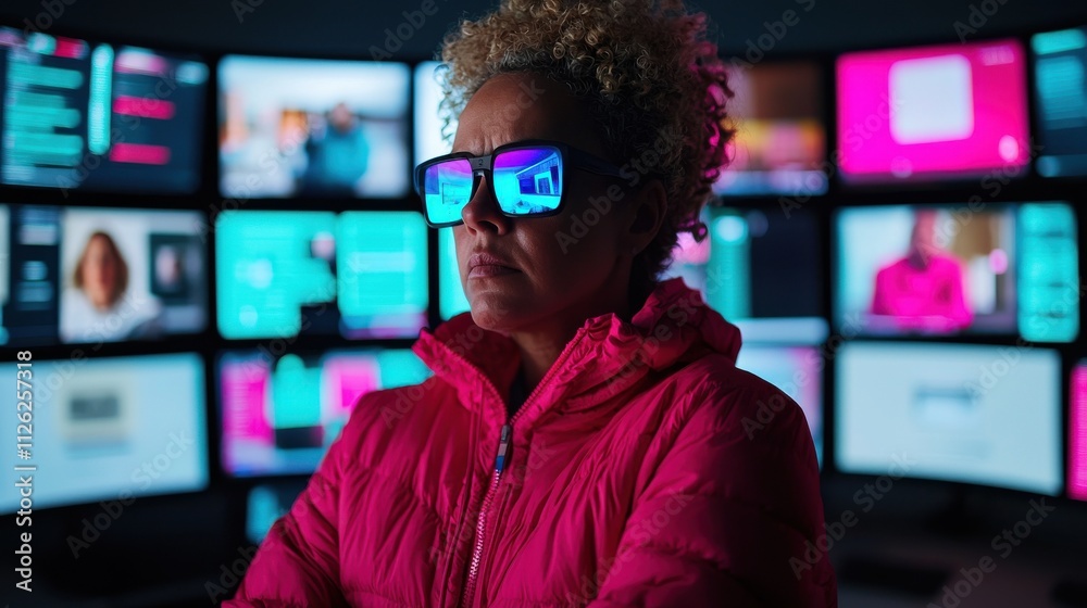 A focused individual with curly hair wearing stylish sunglasses sits in front of multiple screens displaying vibrant, modern graphics. A focused individual with curly hair wearing stylish sunglasses sits in front of multiple screens displaying vibrant, modern graphics.