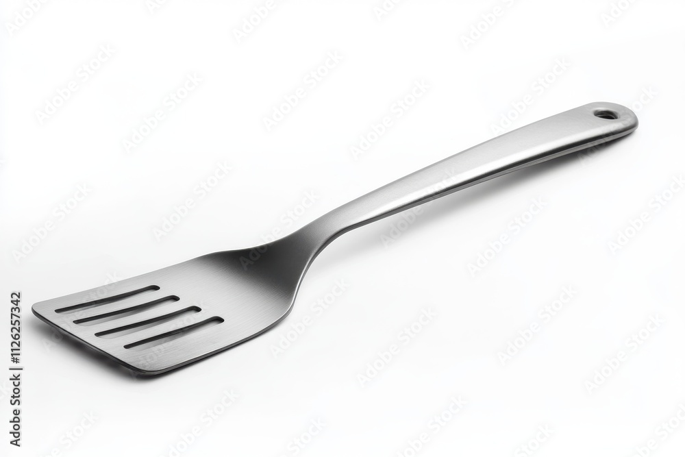 Brushed silver slotted spatula with a modern design Brushed silver slotted spatula with a modern design
