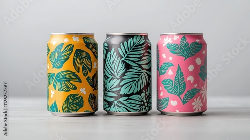 Colorful beverage cans adorned with vibrant leaf patterns against a soft background. photo