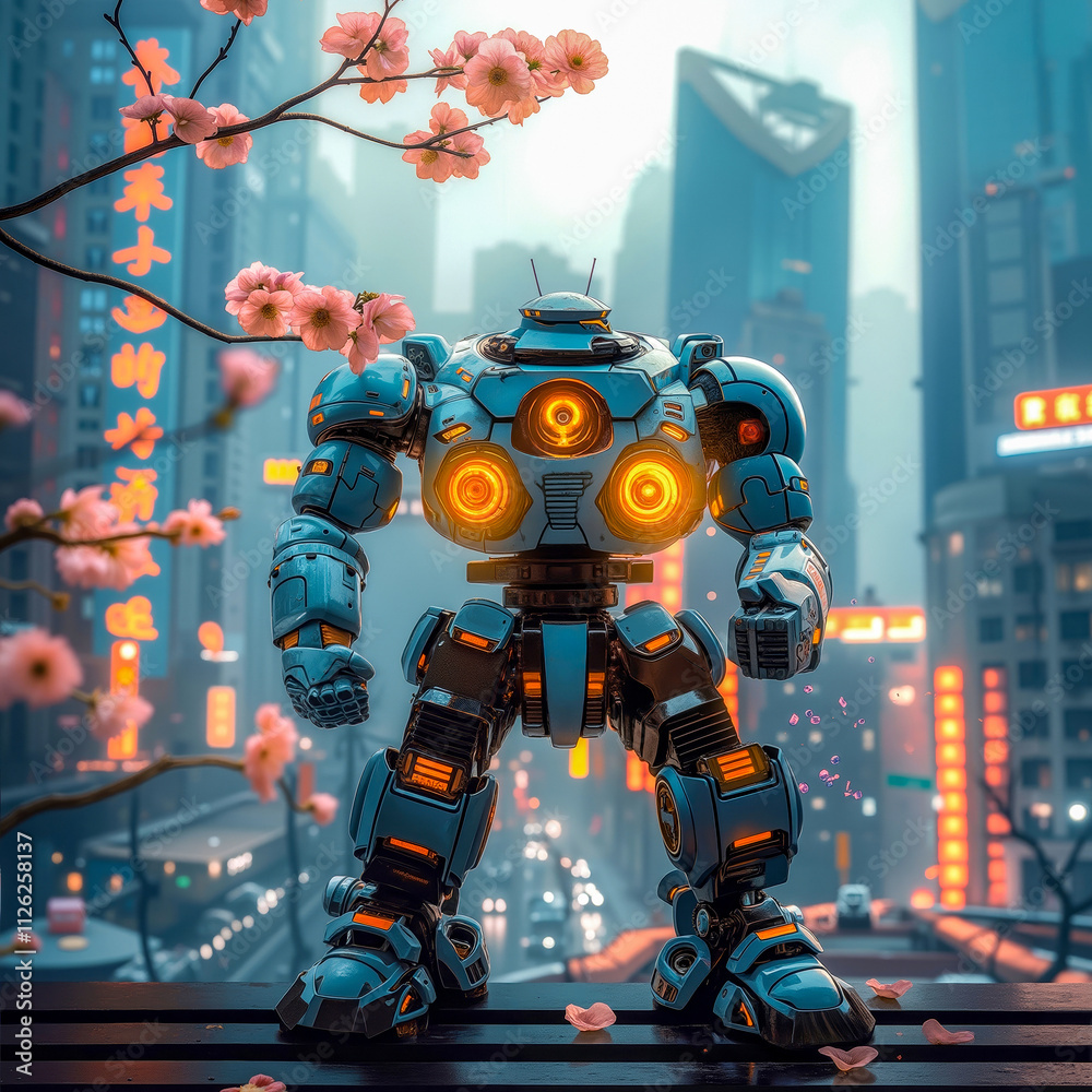A robot standing on top of a wooden bench in front of a city A robot standing on top of a wooden bench in front of a city