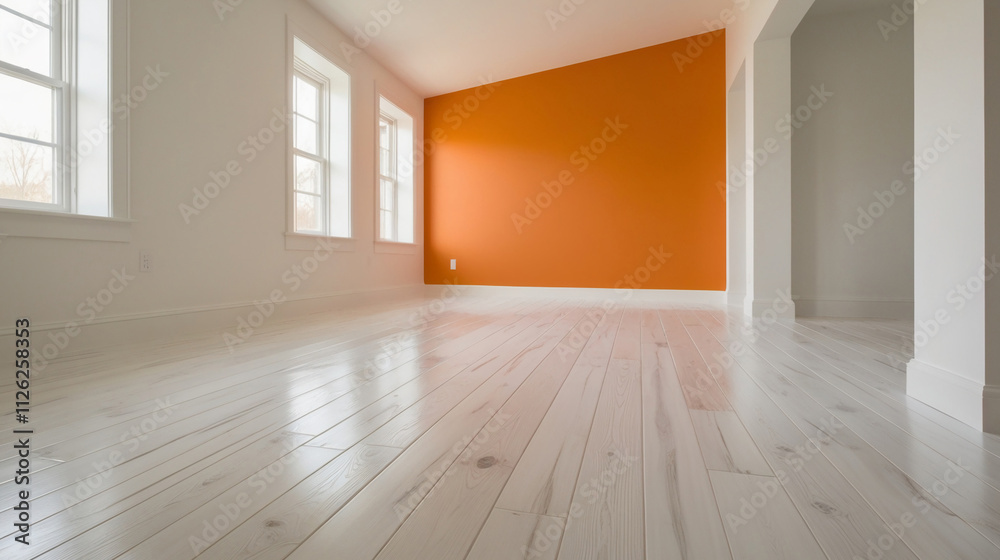 Empty room with whitewashed wood flooring and newly painted orange wall in background Empty room with whitewashed wood flooring and newly painted orange wall in background