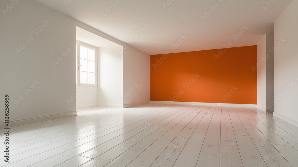 Empty room with whitewashed wood flooring and newly painted orange wall in background