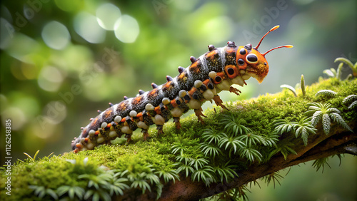 Vibrant Rainforest Caterpillar: Close-up of a striking caterpillar with unique markings crawling on a mossy branch in a lush rainforest environment.   photo