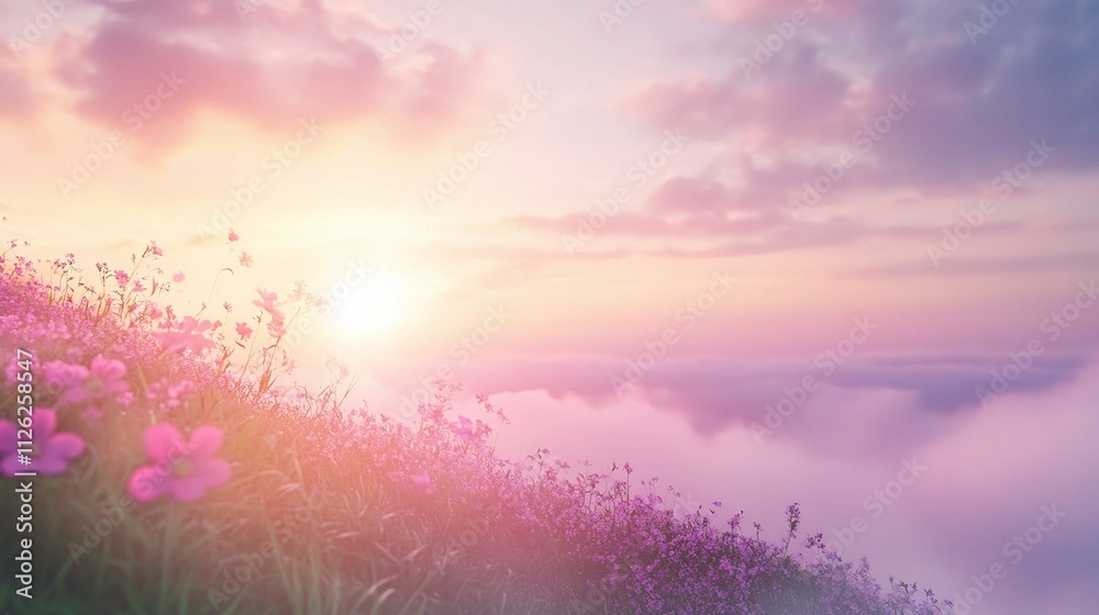 Soft Cloudy Skies at Sunrise with Hints of Pink Over Landscape Soft Cloudy Skies at Sunrise with Hints of Pink Over Landscape