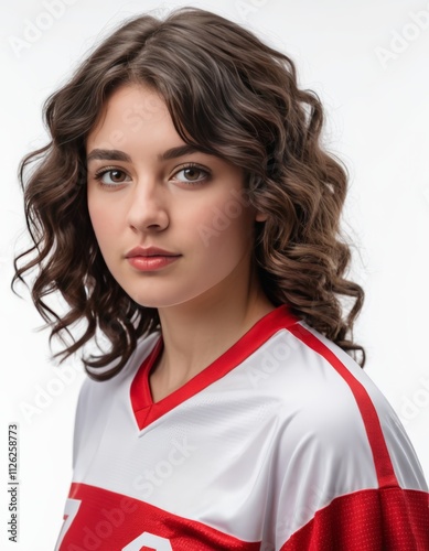 Young woman in red jersey stares directly ahead, suitable for sports or fitness branding. Athletic, determined, and focused image. photo