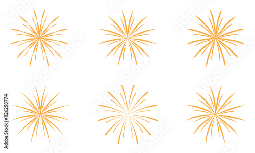 Set of golden fireworks in flat style. Isolated vector illustration, design elements for posters, cards, banners.