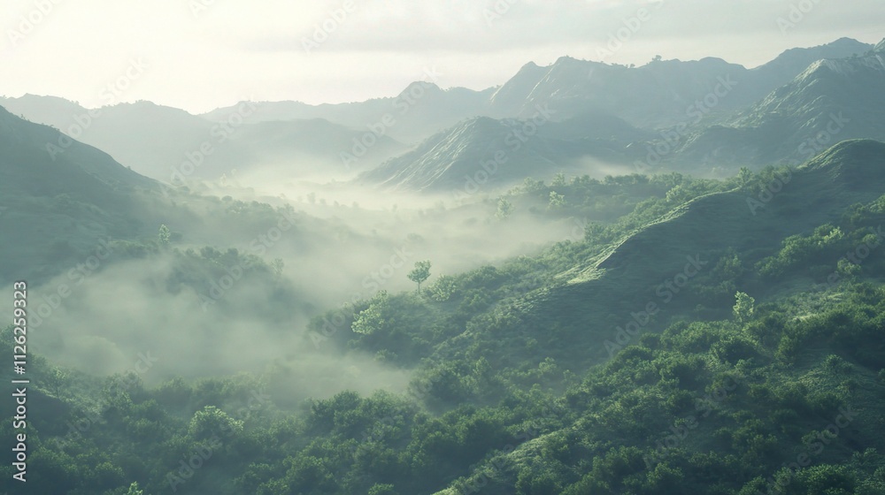 Obraz premium Peaceful Morning Mist Over Rolling Hills in a Serene Landscape