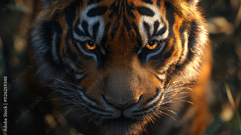 A close-up of a tiger face, its piercing eyes and whiskers highlighted in soft jungle light