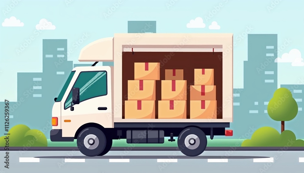 Delivery truck loaded with boxes on a city road, bright colors for logistics and transportation theme Delivery truck loaded with boxes on a city road, bright colors for logistics and transportation theme
