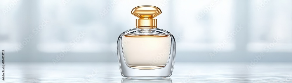 Elegant perfume bottle on a reflective surface with a soft-focus background, exuding luxury and sophistication. Elegant perfume bottle on a reflective surface with a soft-focus background, exuding luxury and sophistication.