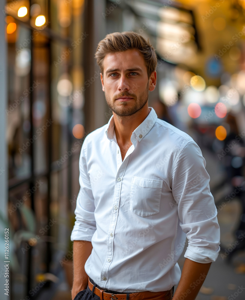 A man in a white shirt is standing on the street A man in a white shirt is standing on the street