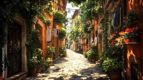 Sunlit cobblestone alleyway in a picturesque European village, overflowing with lush greenery and vibrant flowers.