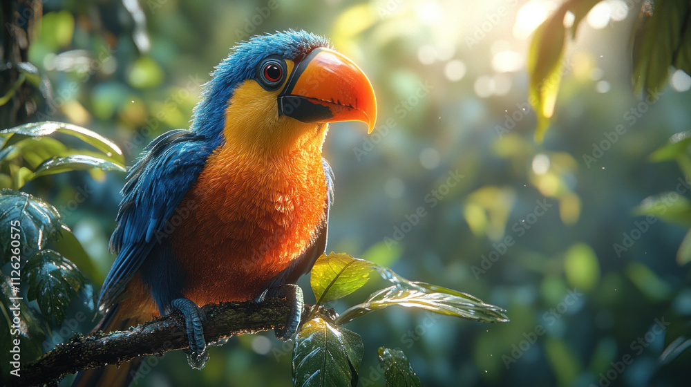 Fototapeta premium A colorful toucan perched on a branch in a rainforest, its beak glowing under sunlight