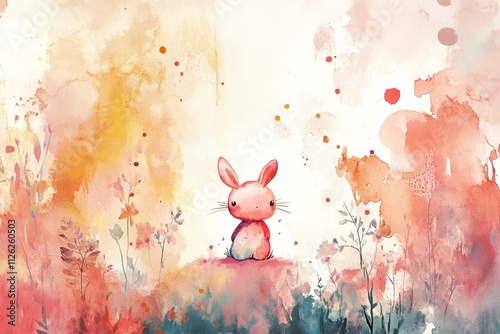 Adorable Pink Bunny in a Watercolor Wonderland. Cute Nursery Art. Watercolor Nursery Illustration.