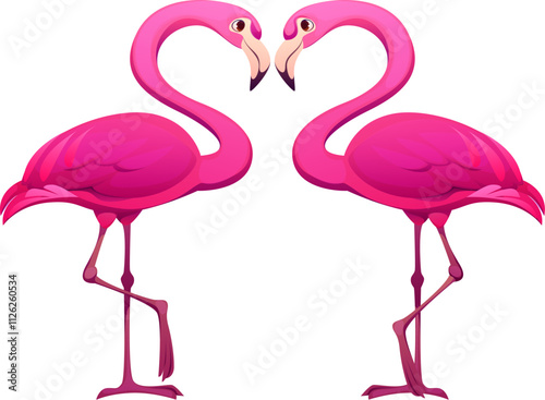 Cartoon flamingos forming a heart shape love symbol for valentine day. Isolated vector two pink flamingo birds facing each other, forming a heart shape with their necks, symbolizing romantic relations