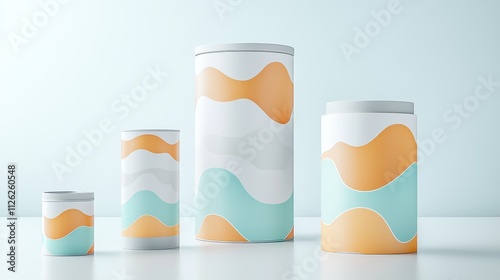 Stylish cylindrical containers with artistic patterns in calming colors on a minimalist background. photo