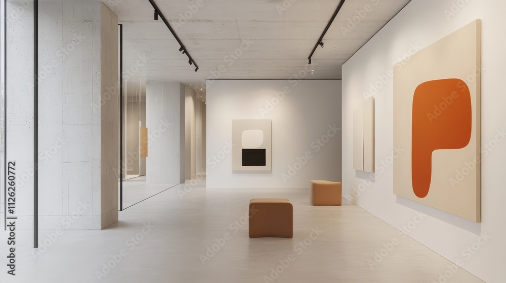 Fototapeta premium Modern Art Gallery Interior: Minimalist art gallery interior design showcasing modern abstract paintings and simple cubic stools against clean white walls and floors.