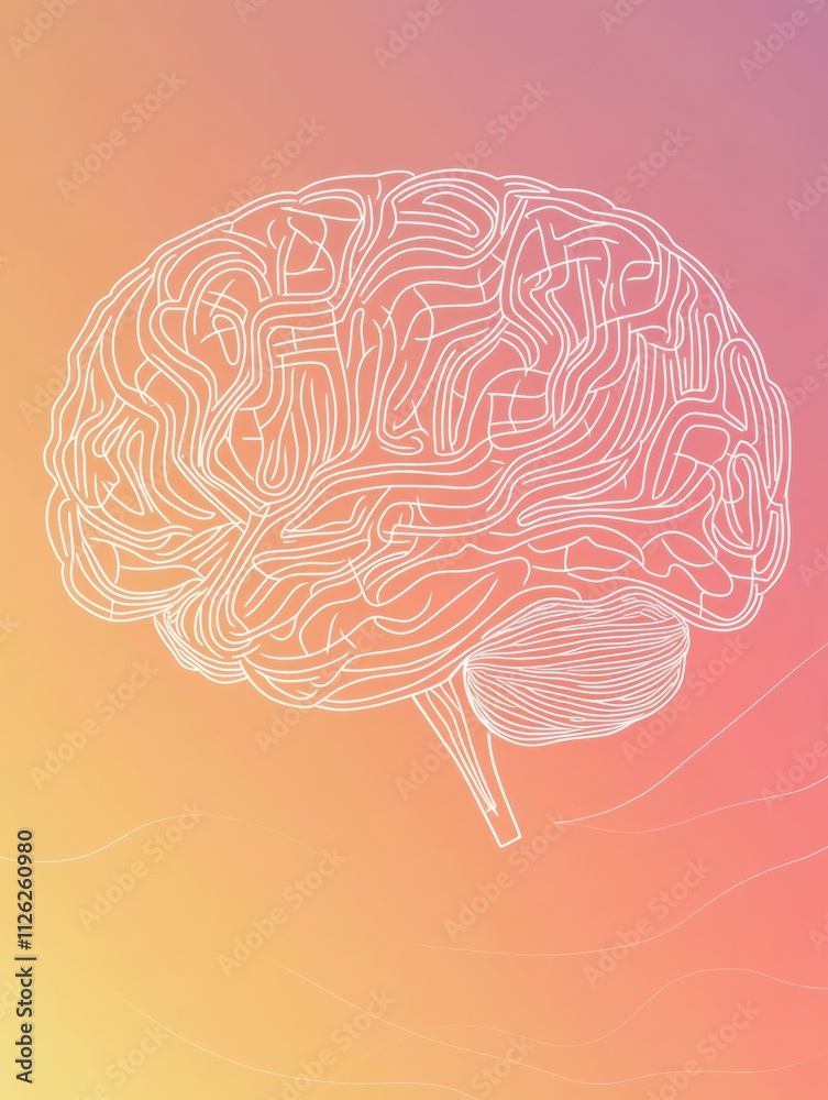 A captivating doodle of a human brain outlined in thin white lines overlays a soft gradient background, providing ample blank space for text. Generative AI A captivating doodle of a human brain outlined in thin white lines overlays a soft gradient background, providing ample blank space for text. Generative AI