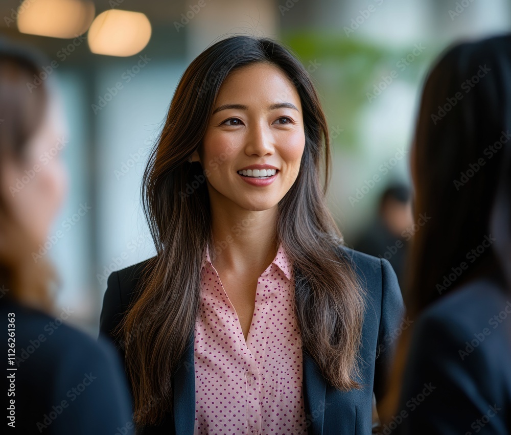 a bright smile and polished attire, the young businesswoman creates a welcoming and professional impression making up the good vibe in the office workplace. a bright smile and polished attire, the young businesswoman creates a welcoming and professional impression making up the good vibe in the office workplace.