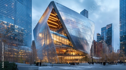 Modern Architectural Marvel: A futuristic-looking building with angular, reflective surfaces stands tall against a backdrop of towering skyscrapers in a metropolitan cityscape. photo