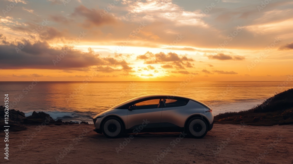 Electric Vehicle Sunset: A sleek silver electric car stands proudly against the backdrop of a vibrant sunset over the ocean, highlighting a blend of modern technology and breathtaking natural beauty. Electric Vehicle Sunset: A sleek silver electric car stands proudly against the backdrop of a vibrant sunset over the ocean, highlighting a blend of modern technology and breathtaking natural beauty.