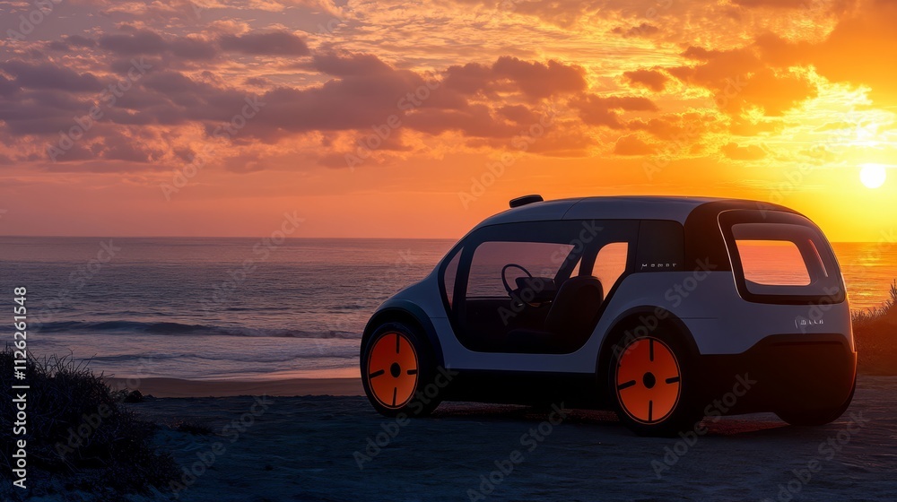 Naklejka premium Sunset Drive: A modern vehicle sits at the edge of the beach, its design echoing the horizon's golden glow, a promise of adventure under an expansive sky.