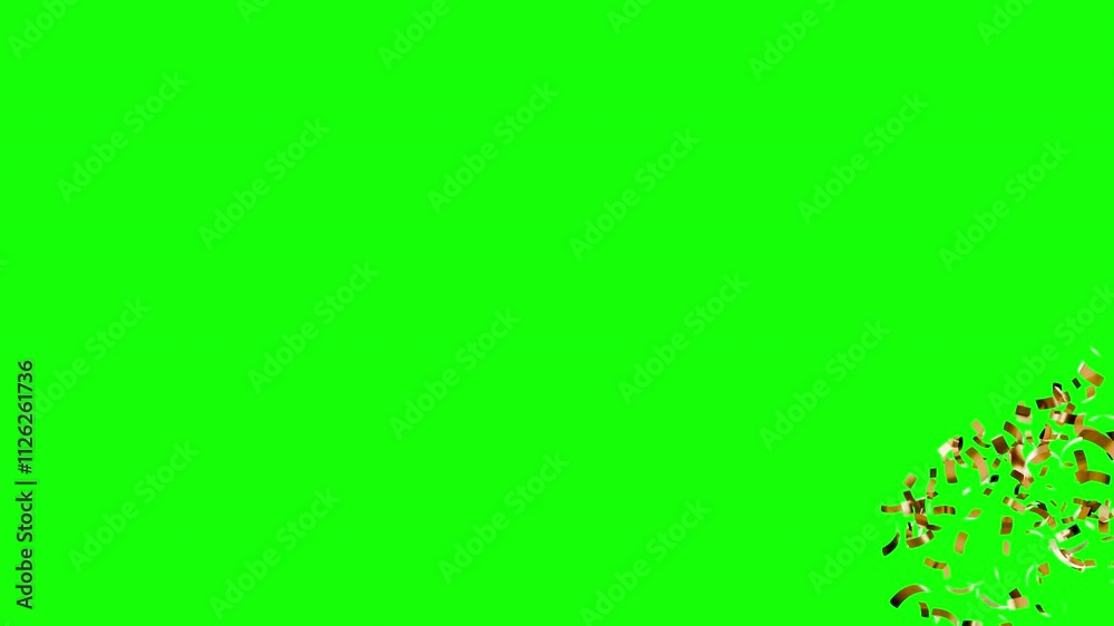 Golden confetti explosion isolated on green background. Festive decoration elements for holidays. Bright 3d animation.