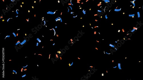 Colorful confetti explosion isolated on black background with alpha matte channel. Festive decoration elements for holidays. Bright 3d animation.