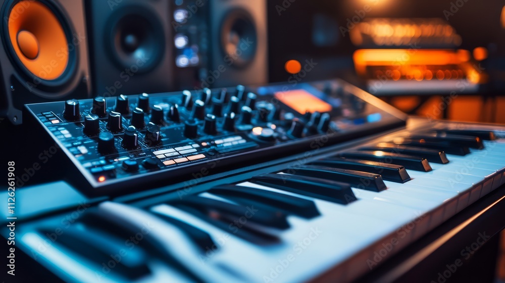 Music Studio Setup: A close-up shot of a sleek digital synthesizer keyboard with black keys and numerous knobs and buttons. Music Studio Setup: A close-up shot of a sleek digital synthesizer keyboard with black keys and numerous knobs and buttons.