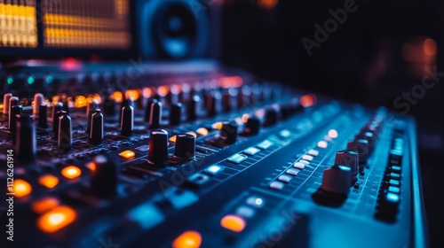 Mixing Desk Close-Up: A close-up shot of a professional audio mixing console, with its array of knobs and faders bathed in a vibrant blue and orange glow.