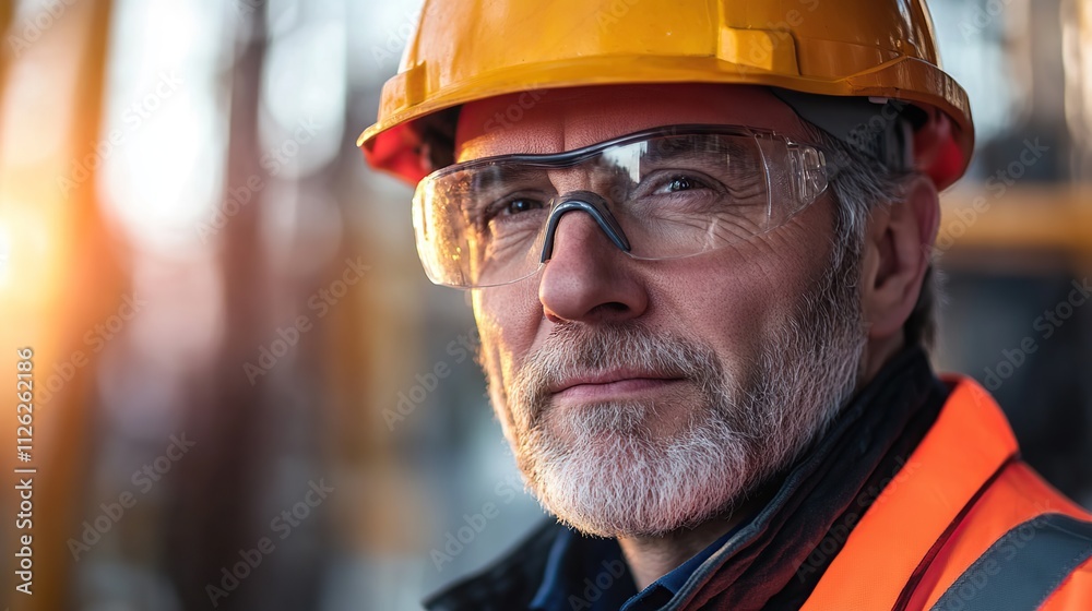 Portrait of a smiling construction worker wearing a hard hat and safety gear on a building site Portrait of a smiling construction worker wearing a hard hat and safety gear on a building site