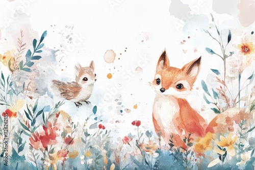 Watercolor Painting of a Fox and a Bird in a Flowery Meadow. Cute Nursery Art. Watercolor Nursery Illustration.