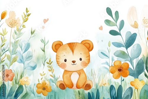 Adorable Watercolor Tiger Cub in a Flower Garden. Cute Nursery Art. Watercolor Nursery Illustration.