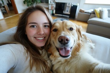 POV of young woman taking selfie photo with happy dog at home