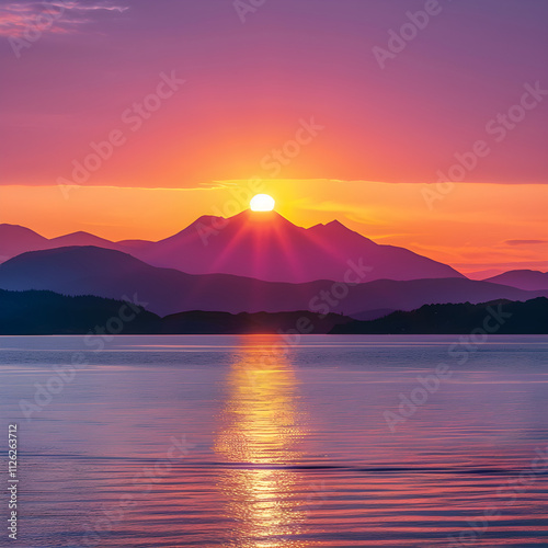 Captivating Sunset Behind Mountains Reflecting on Pristine Lake