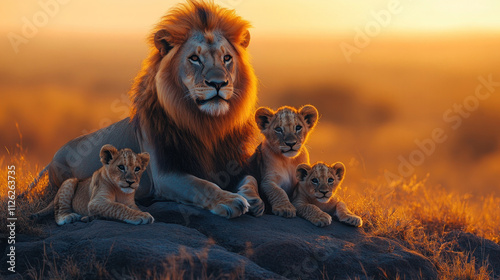 A family of lions lounging on a rocky hill under the golden hues of a setting sun photo