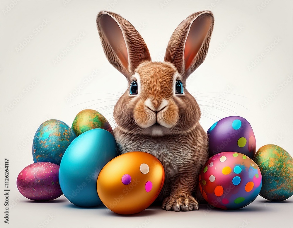 Generated image Easter bunny with colorful eggs on white background. 3d illustration Generated image Easter bunny with colorful eggs on white background. 3d illustration