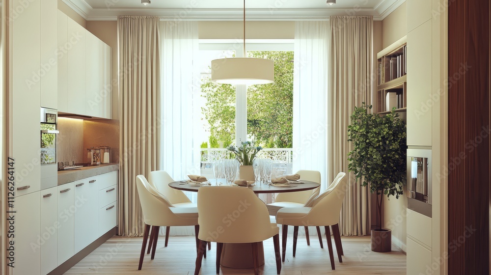 Serene Kitchen Dining Area: Modern apartment design with beige color scheme, round dining table and chairs, large windows with curtains, and built-in kitchen cabinetry. Serene Kitchen Dining Area: Modern apartment design with beige color scheme, round dining table and chairs, large windows with curtains, and built-in kitchen cabinetry.