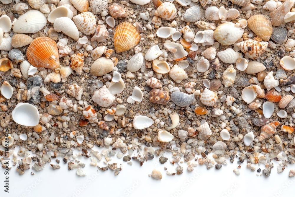 Sand and sea shells beach theme background isolated on white Sand and sea shells beach theme background isolated on white