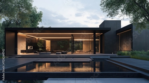Minimalist architecture featuring dark metallic panels with subtle reflections and bold symmetry