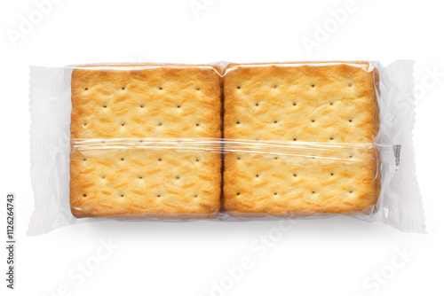 Cracker cookies in transparent packaging. Cracker packaging on a white background.
