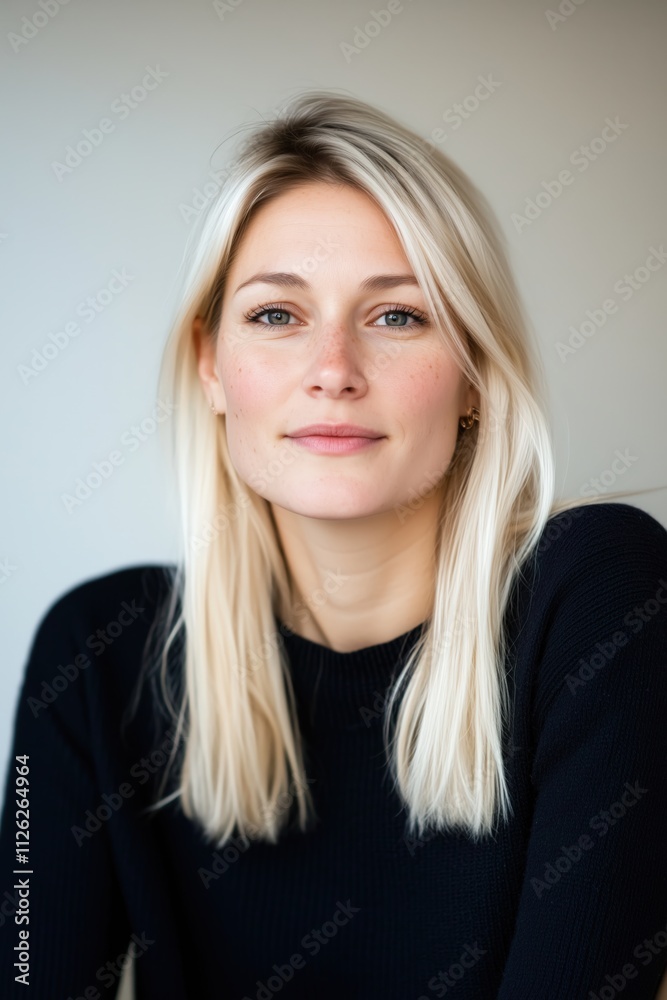 A young blonde woman with light freckles and straight hair, gazing calmly at the camera while wearing a black sweater, set against a clean and neutral background. A young blonde woman with light freckles and straight hair, gazing calmly at the camera while wearing a black sweater, set against a clean and neutral background.