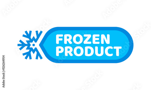 Blue frozen cold product ice crystal icon. Refrigerated meat or seafood isolated vector label, frozen fish packaging or deep freezing food product, keep cold icon or symbol with snowflake