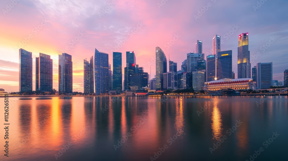 Fototapeta premium Singapore Skyline at Sunset: A majestic cityscape silhouette bathed in warm, golden hues as the sun dips below the horizon, casting a reflection on the tranquil waters.