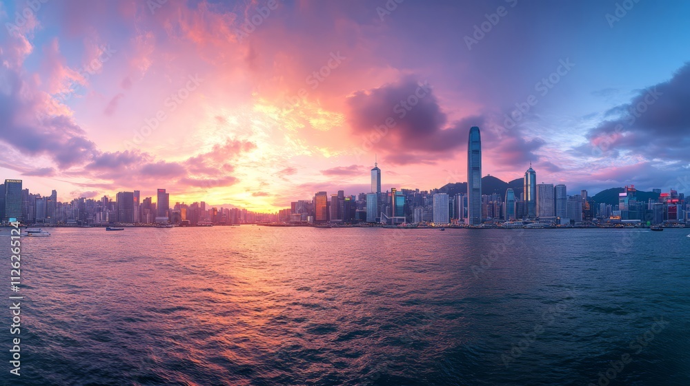 Naklejka premium Hong Kong Skyline Sunset: A panoramic view of Hong Kong's iconic skyline bathed in the golden hues of a breathtaking sunset, capturing the city's vibrant energy and captivating beauty. 